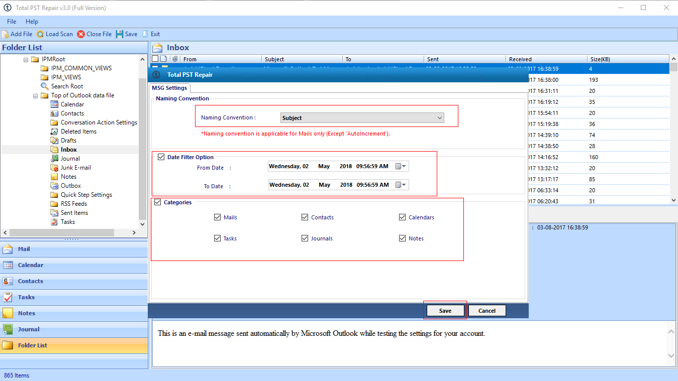 settings in PST recovery software